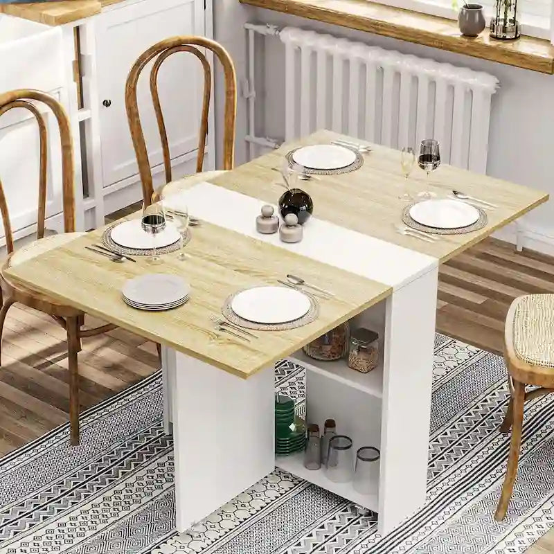 Tavolo da pranzo pieghevole con piano a ribalta e ripiani contenitore