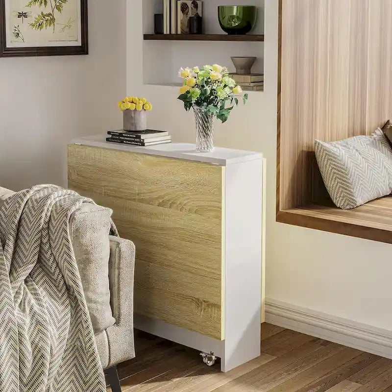 Tavolo da pranzo pieghevole con piano a ribalta e ripiani contenitore