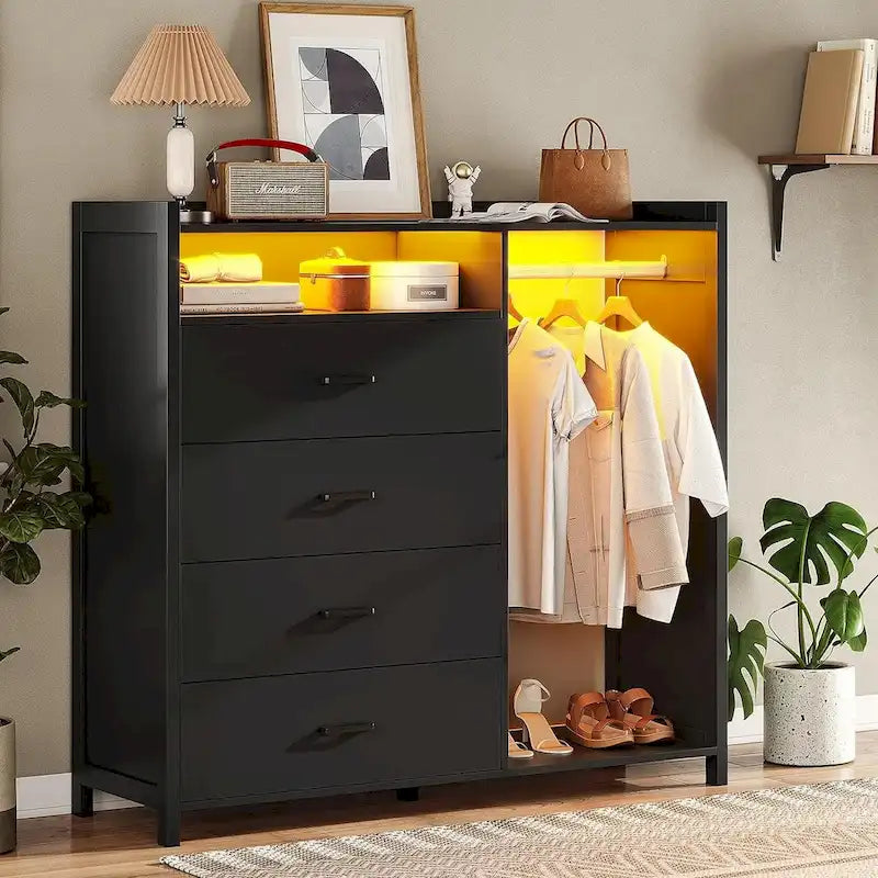 Dresser with Clothing Rack and LED Lighting