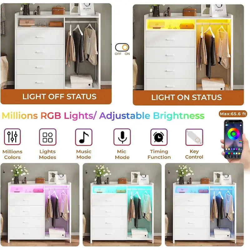 Dresser with Clothing Rack and LED Lighting