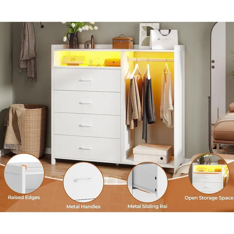 Dresser with Clothing Rack and LED Lighting