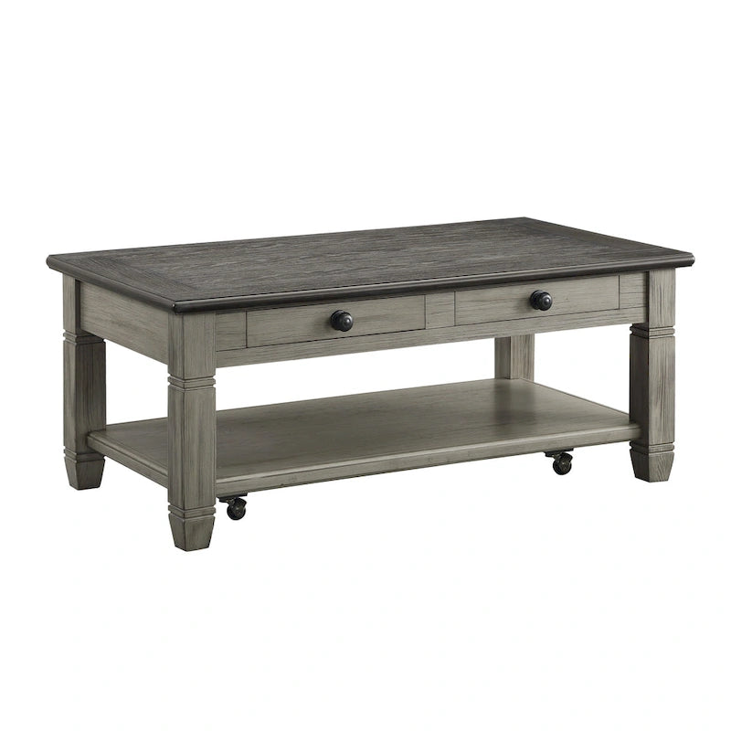 Rome 48 Inch Cocktail Table, 2 Drawers, Casters, Brown and Gray Solid Wood