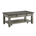 Rome 48 Inch Cocktail Table, 2 Drawers, Casters, Brown and Gray Solid Wood