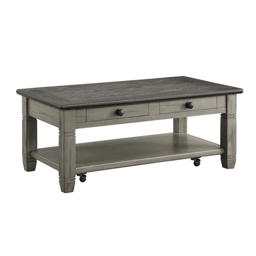 Rome 48 Inch Cocktail Table, 2 Drawers, Casters, Brown and Gray Solid Wood