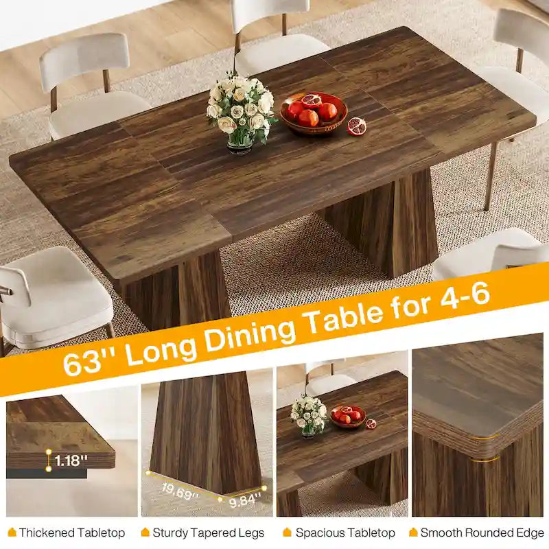 Mesa de jantar retangular de madeira engenheirada de 63 polegadas