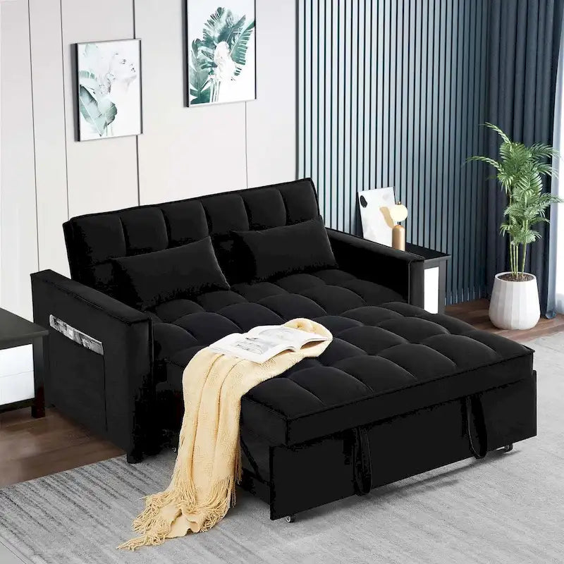 Tapicerowana rozkładana sofa dwuosobowa z aksamitu z kieszeniami po bokach