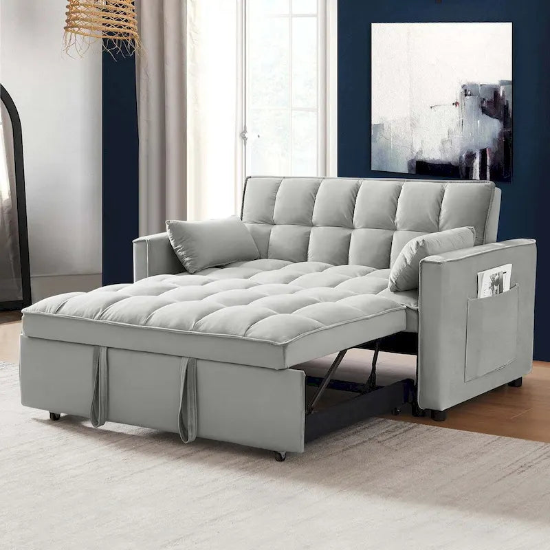 Tapicerowana rozkładana sofa dwuosobowa z aksamitu z kieszeniami po bokach