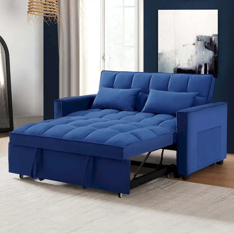 Tapicerowana rozkładana sofa dwuosobowa z aksamitu z kieszeniami po bokach