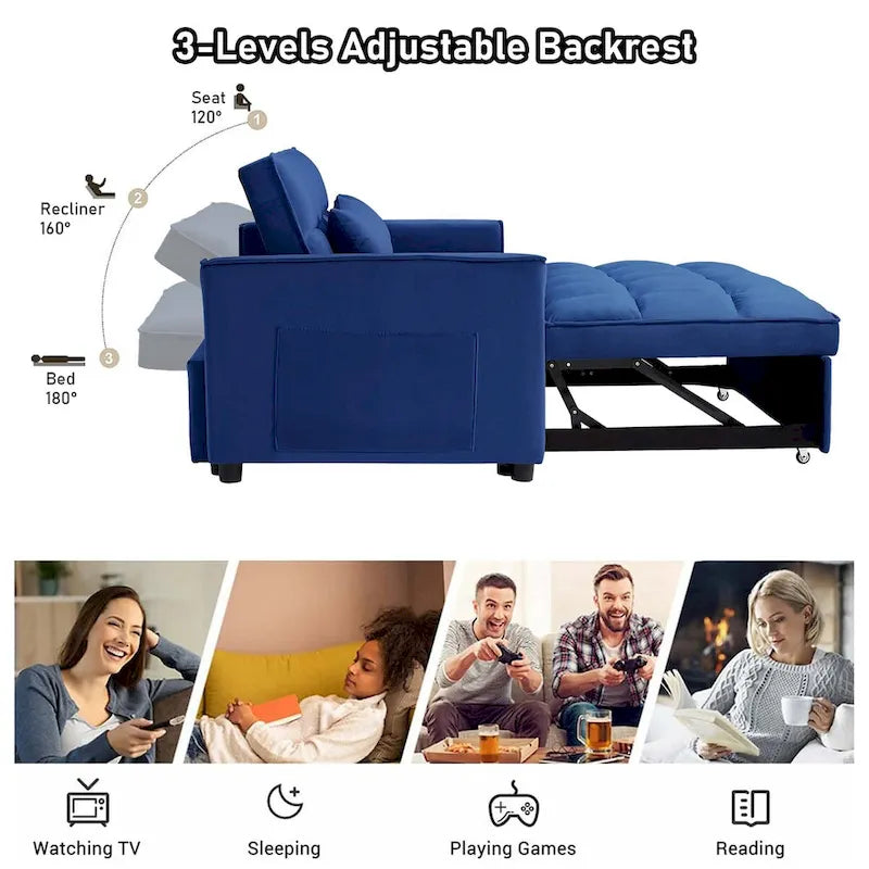 Velvet Convertible Sleeper Loveseat with Side Pockets