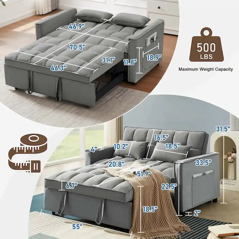 Velvet Convertible Sleeper Loveseat with Side Pockets