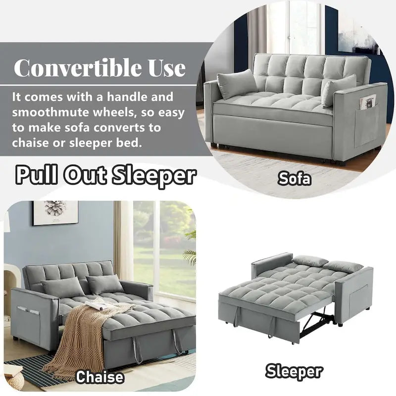 Velvet Convertible Sleeper Loveseat with Side Pockets