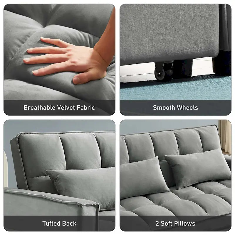 Velvet Convertible Sleeper Loveseat with Side Pockets