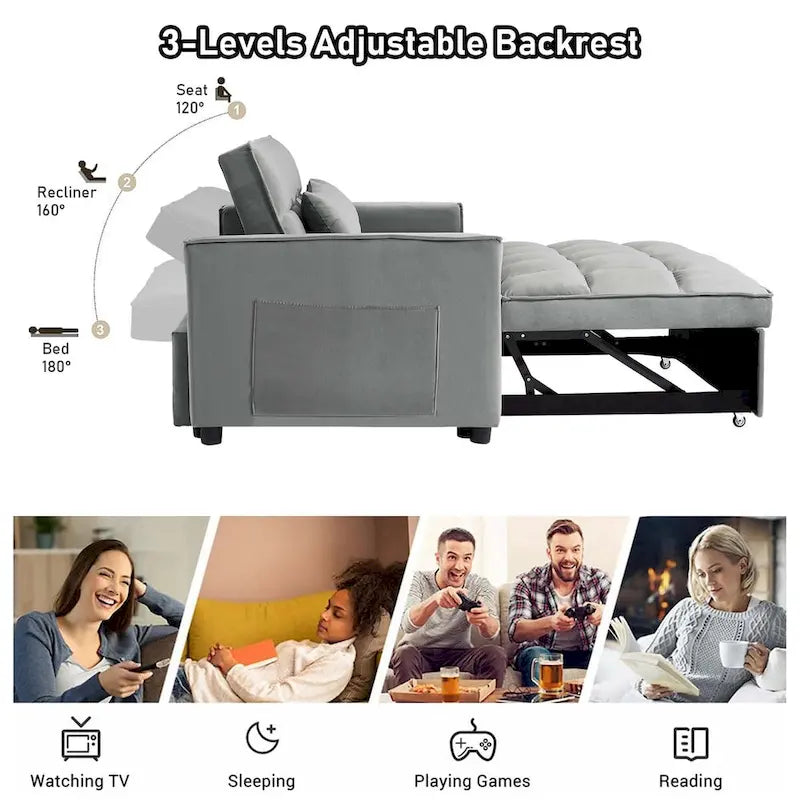 Velvet Convertible Sleeper Loveseat with Side Pockets