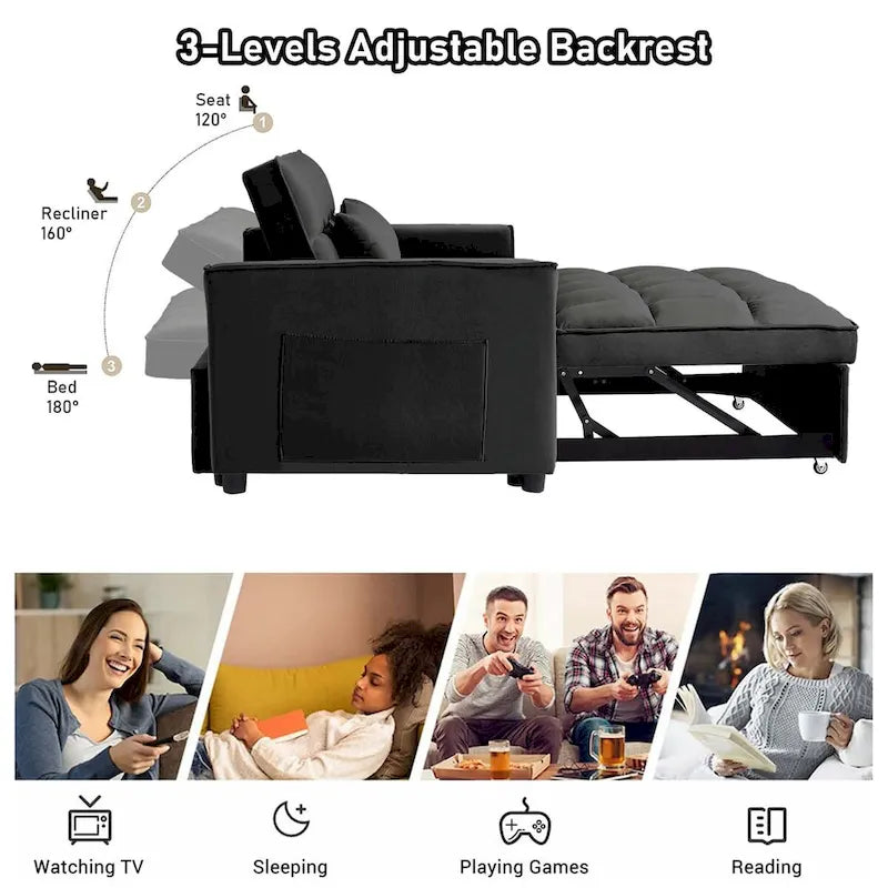 Velvet Convertible Sleeper Loveseat with Side Pockets