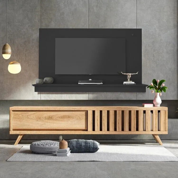 Floating TV Wall Panel with Shelf and LED Lighting