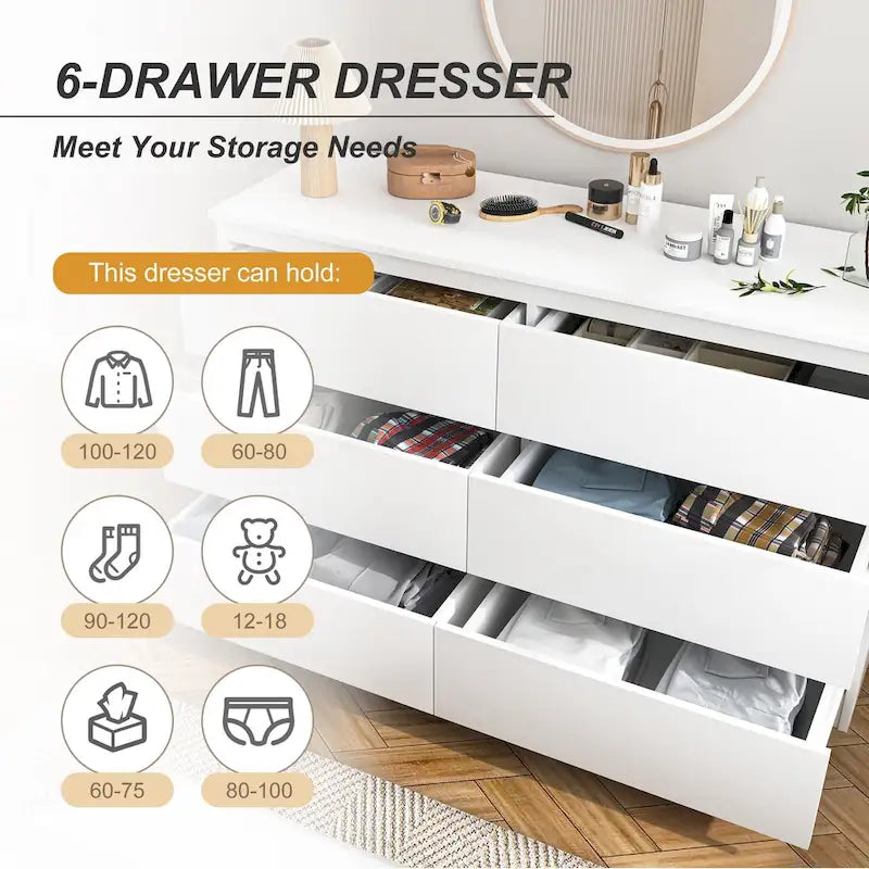 6 drawer 47.25 in. Wide Dresser Wood Double Dresser Large Storage Tower Unit Chest of Drawers TV Stand Dresser