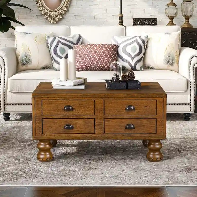 Solid Wood Rectangle Coffee Table with 4 Drawers
